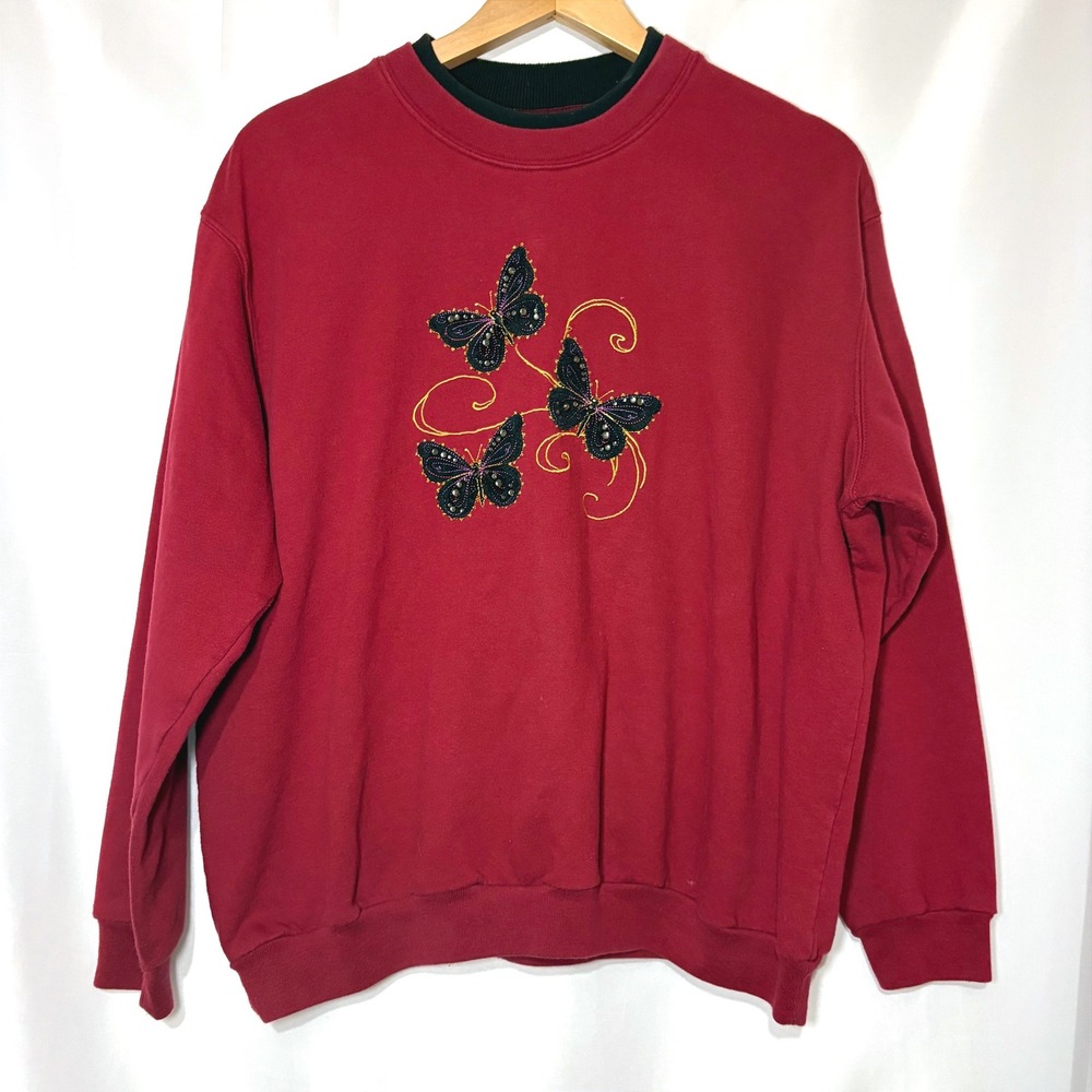 Top Stitch by Morning‎ Sun Butterfly Rhinestone Sweatshirt Burgundy Red Petite L